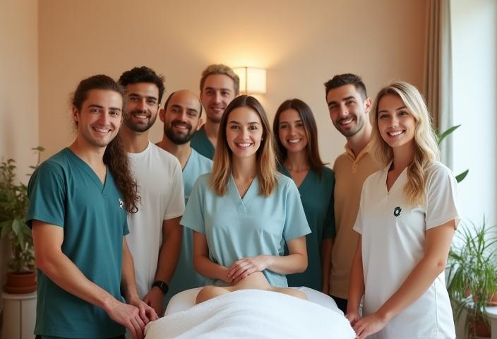 Équipe de masseurs professionnels d'Équilibre Masseur Paris souriants dans leur cabinet